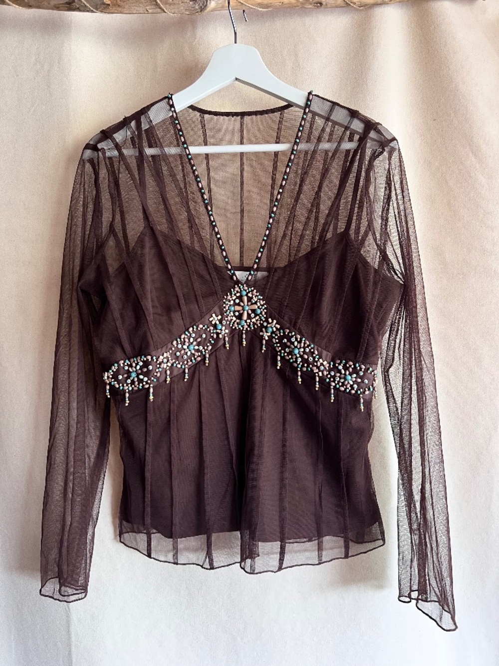 Vintage Embellished Lined Mesh Top Bell Sleeve Y2K
